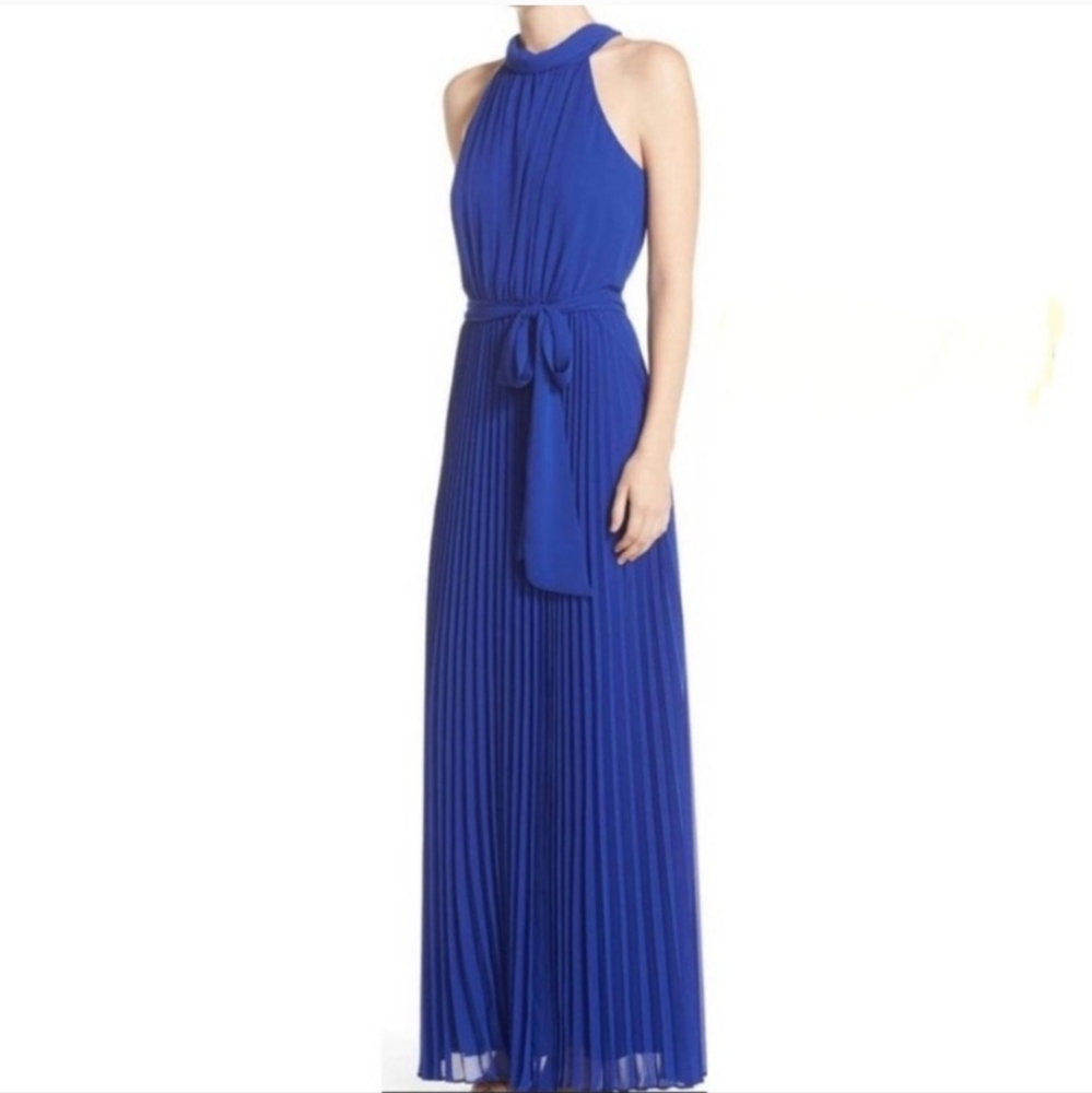 Eliza J Dress Size 12 Blue Pleated Chiffon High Neck Halter Sleeveless Maxi